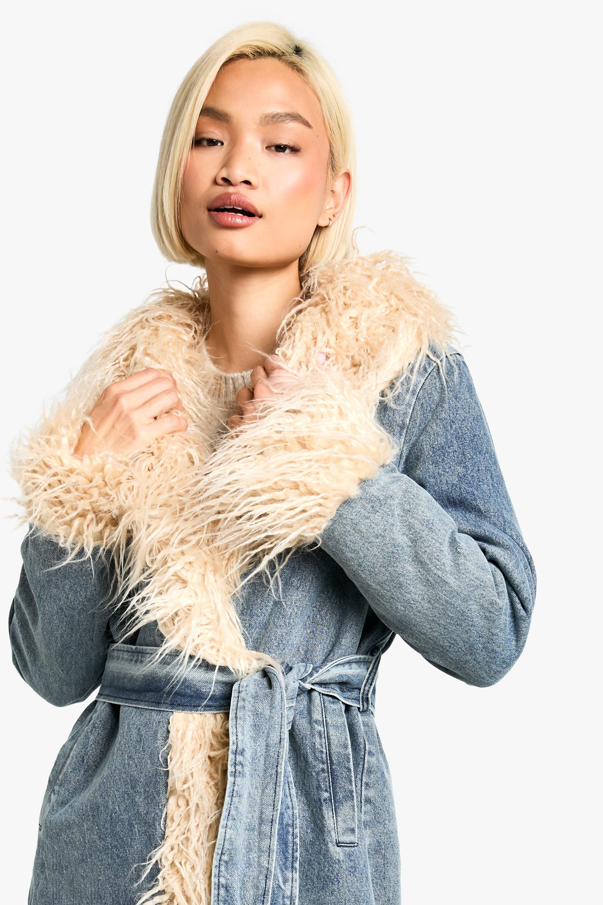 Boohoo Women s Faux Fur Trim Belted Denim Coat